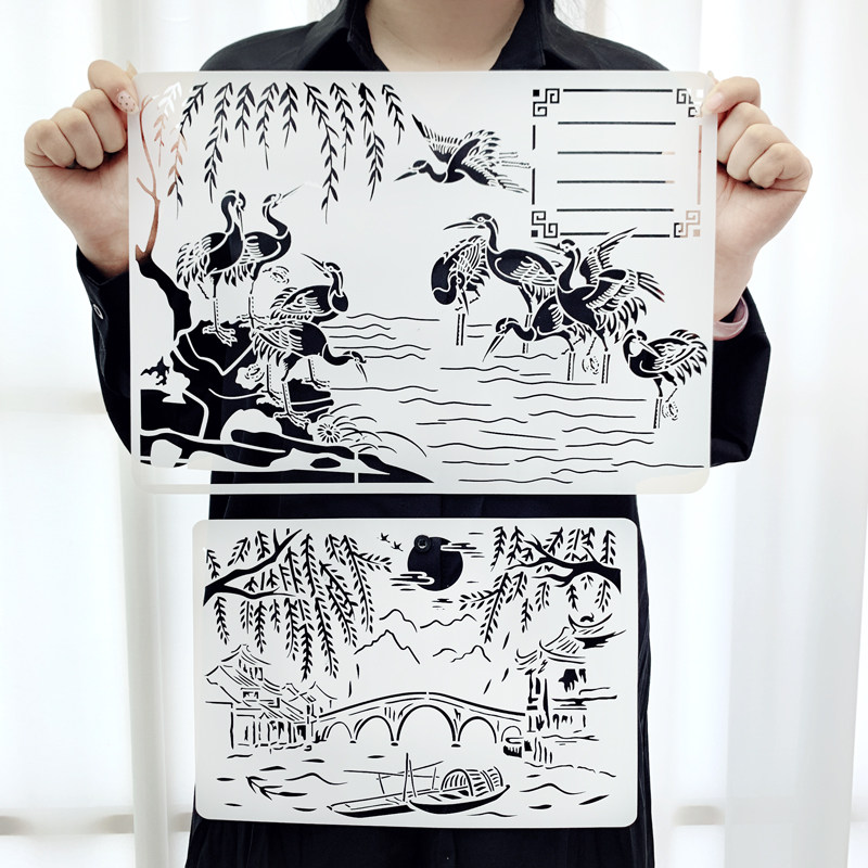 古诗词画画模板手抄报神器 diy镂空手绘人物仙鹤创意涂鸦绘画套装