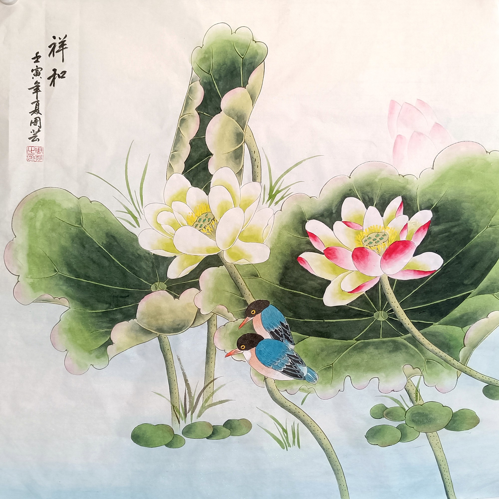 国画成品工笔画荷花鸳鸯四尺斗方花鸟画纯手绘真迹画芯未裱装饰画-Taobao