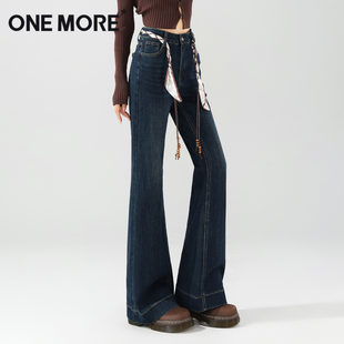 one more复古蓝微喇叭牛仔裤女秋季流行风格修身编织丝带马蹄裤S