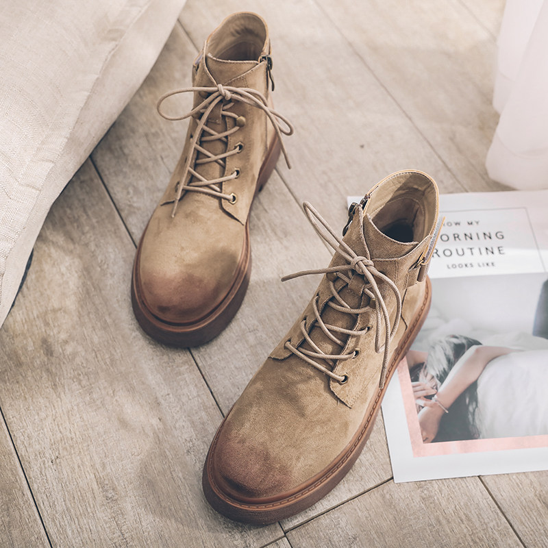 初系薄款2021新款复古系带平底马丁靴磨砂杏色英伦风低跟百搭短靴