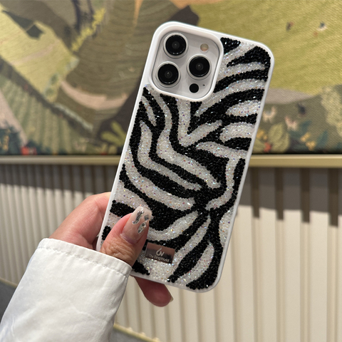 Girls Zebra Stripes Shiny Rhinestone Diamond Bling – Luxury 15, 14, 13, 12 iPhone Case