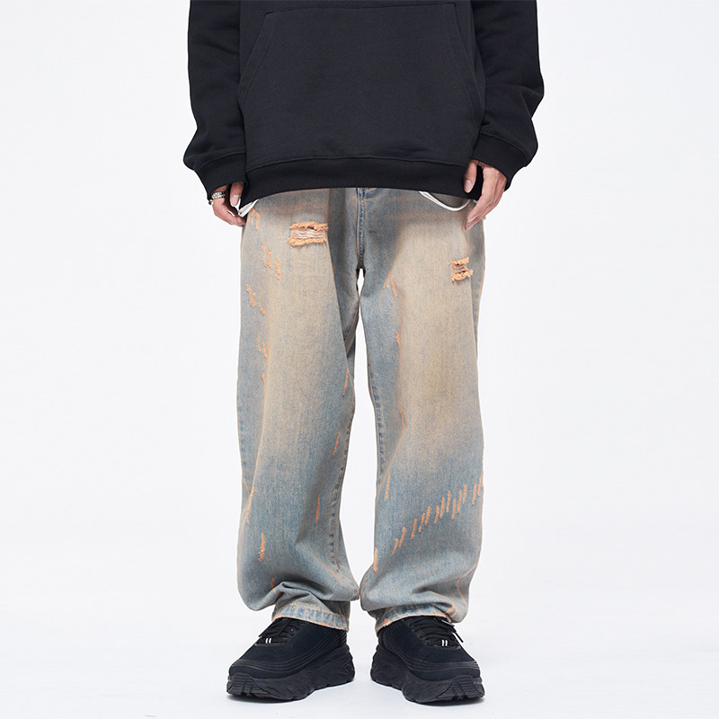 BKTL 美式高街头宽松复古老爹裤男复古做旧水洗破洞牛仔裤ins潮流