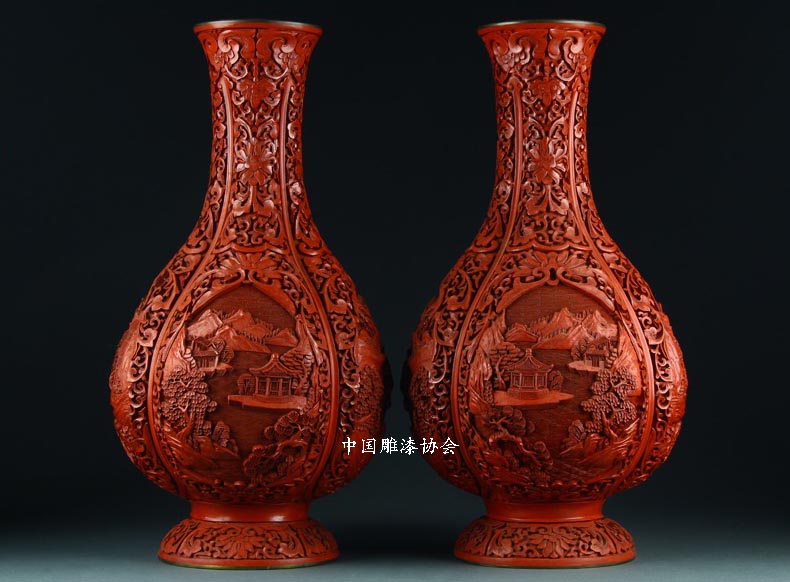 雕漆剔红漆器花瓶纯手工铜胎天然大漆花瓶仙鹤牡丹花瓶- Taobao