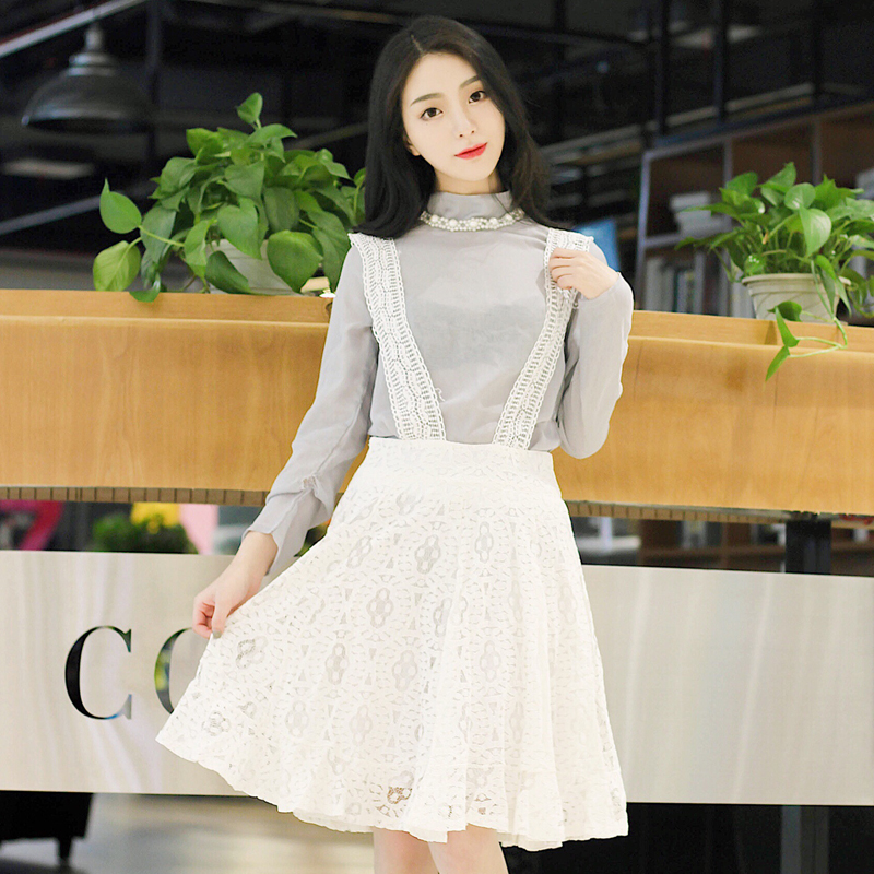 ifashion 原创 清新唯美白色蕾丝高腰背带裙 镂空收腰半身裙 女夏