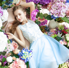 2015夏装新款 韩版蕾丝拼接圆领无袖欧根纱淡蓝色公主连衣裙