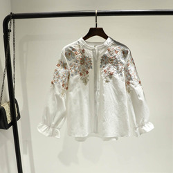 春季新款韩版复古文艺范精致个性刺绣灯笼袖棉麻衫衬衣立领衬衫女