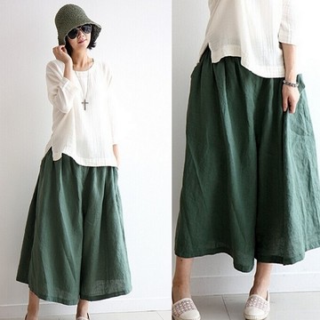 Original design Department of forestry, cotton dress plus size cropped linen pants hakama trade 7 wide-leg pants pants women