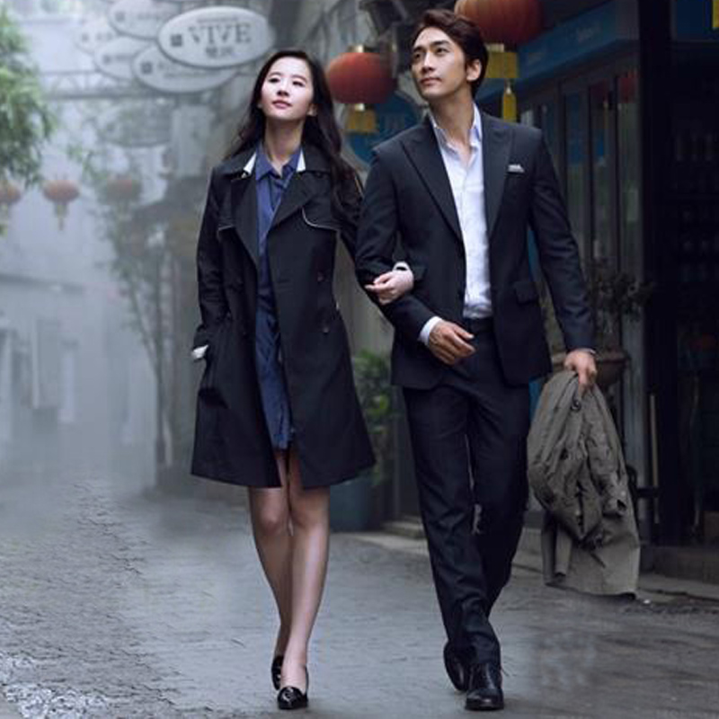 第三种爱情刘亦菲明星同款黑色深蓝色长款风衣外套