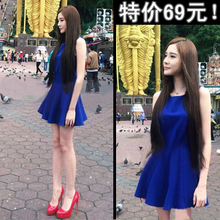 2015夏季韩版新款女装圆领中长高腰修身显瘦宝蓝无袖雪纺连衣裙夏