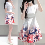 韩国代购2015夏季新款女装修身中腰气质中长裙圆领印花收腰连衣裙
