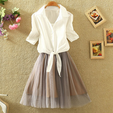 夏装新款韩版潮短袖衬衫背心裙两件套套装修身蓬蓬公主蕾丝连衣裙