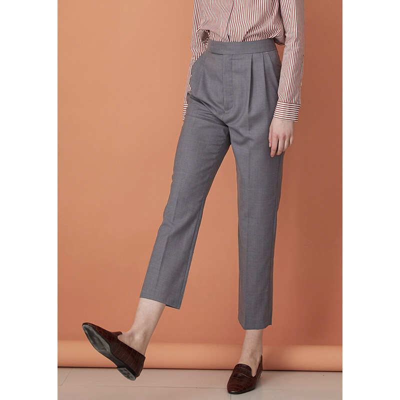 MeeLeeMeeLab原创灰色高腰裤子女春秋打褶修身免烫九分哈伦裤西裤