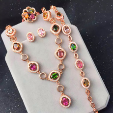 Украшения на руку 通透艳丽天然糖果碧玺手链戒指耳钉项链四件套装925纯银镀黄金