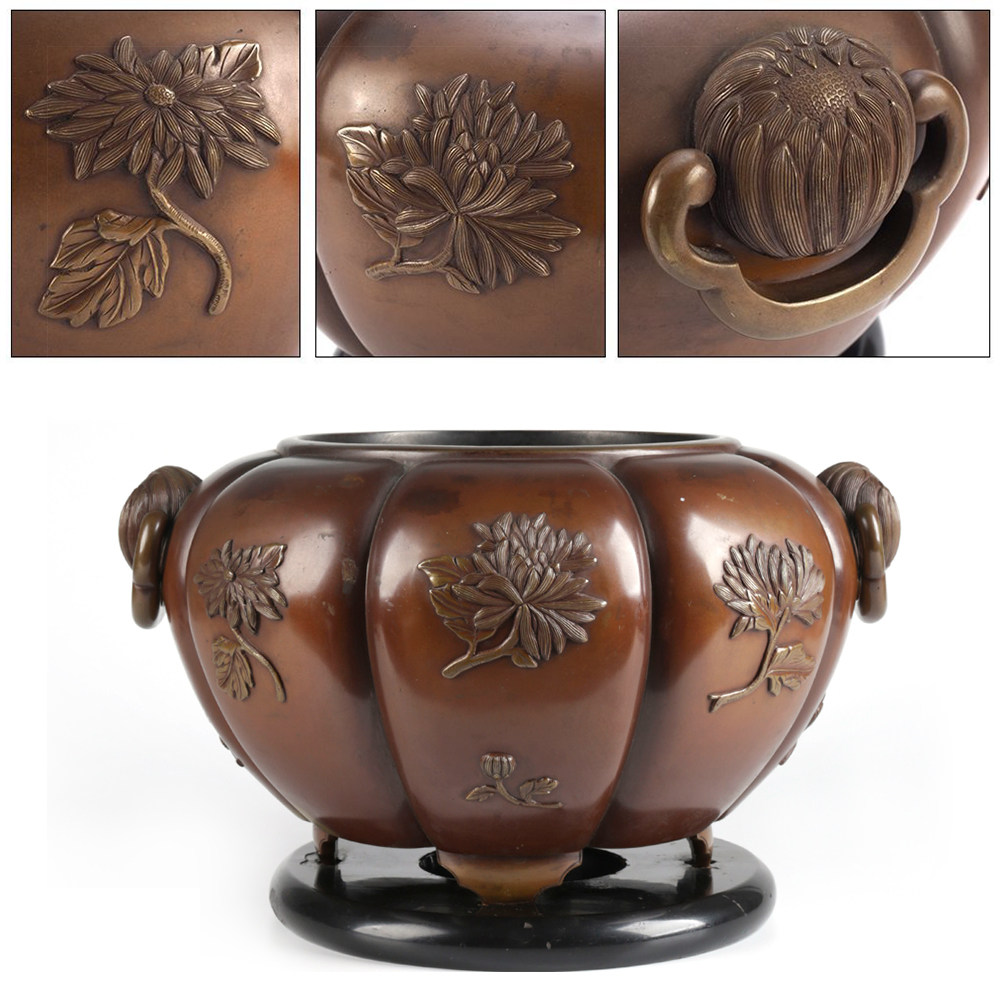 日本明治时期金工大师杉本仪助作金蝙蝠贴付象嵌云透火舍纯银香炉-淘宝网