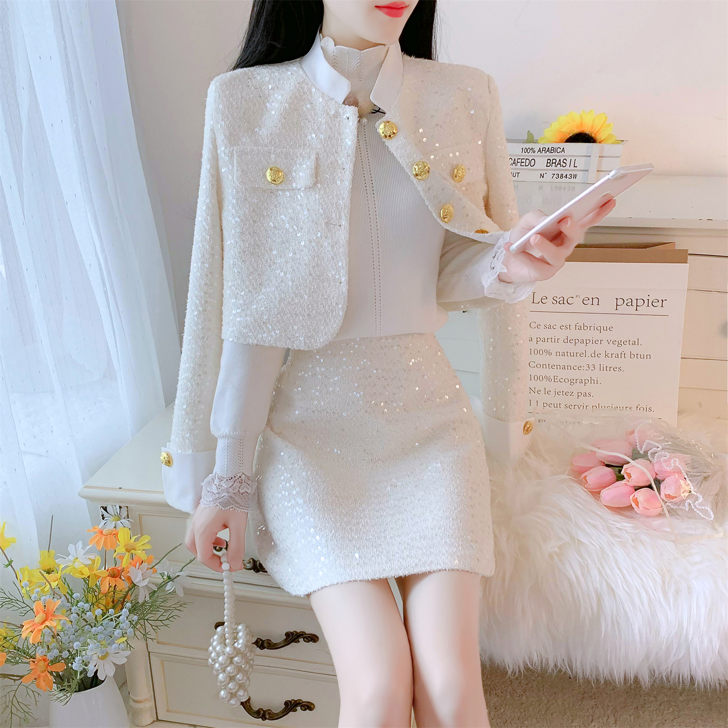 轻奢小香风套装女2023秋季新款高级感粗花呢外套短裙小个子两件套-Taobao