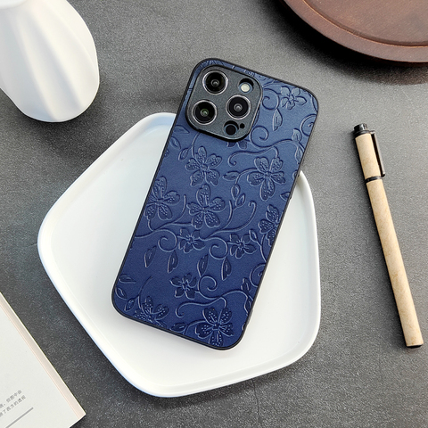 Embossed Premium Flower Genuine Leather 15, 14, 13, 12, 11 iPhone Case