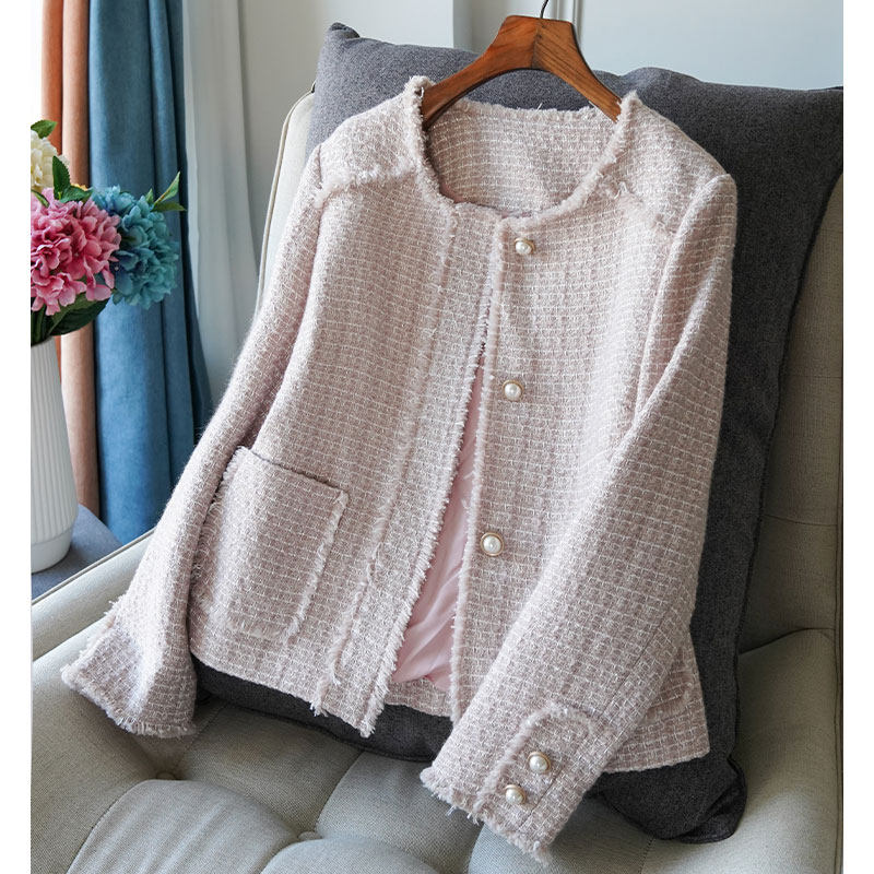 好软好柔！秋季圆领宽松小香风外套粉色小个子粗花呢羊毛短外套