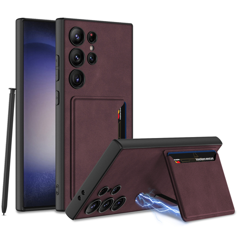 Red — Business Synthetic Leather Card Holder Kickstand Wireless Charging Compatible S24, S24 Plus, S24 Ultra Samsung Phone