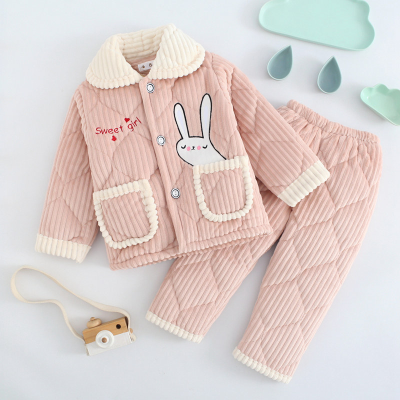 儿童法兰绒睡衣冬季三层夹棉加厚家居服套装小孩子女童男童珊瑚绒