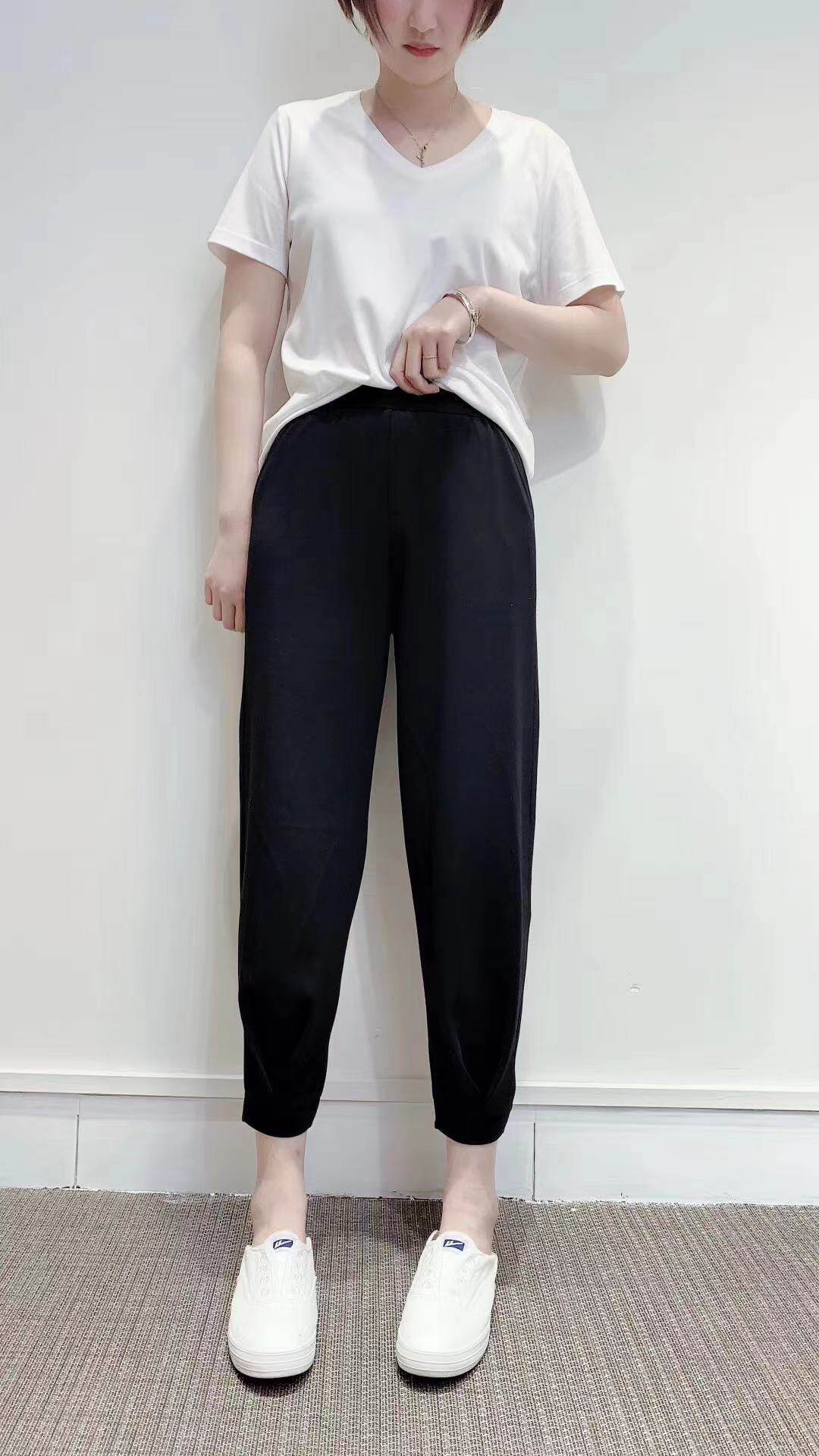 格路81077秋季显瘦弹力空气棉舒适宽松黑色松紧腰哈伦裤女裤九分