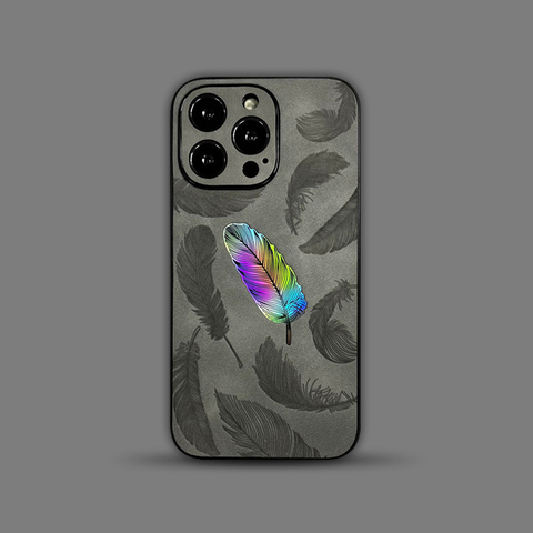 Gray — Rainbow Feather New Suede Leather 15, 14, 13, 12 iPhone Case