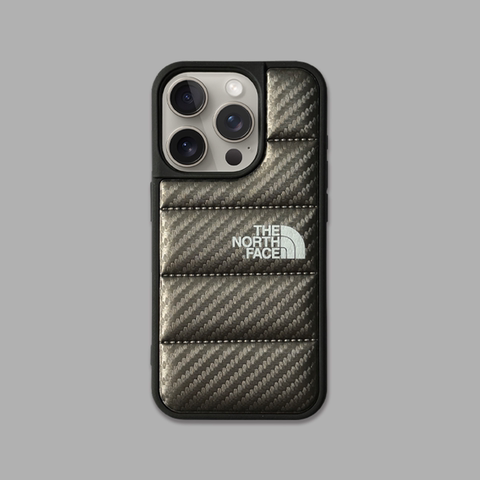 Gray — The North Face Puffy Puffer Down Jacket Carbon Fiber Pattern 15, 14, 13, 12, 11 iPhone Case