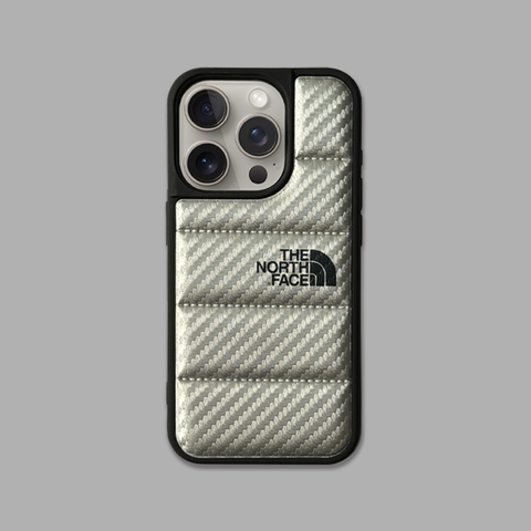 Silver — The North Face Puffy Puffer Down Jacket Carbon Fiber Pattern 15, 14, 13, 12, 11 iPhone Case
