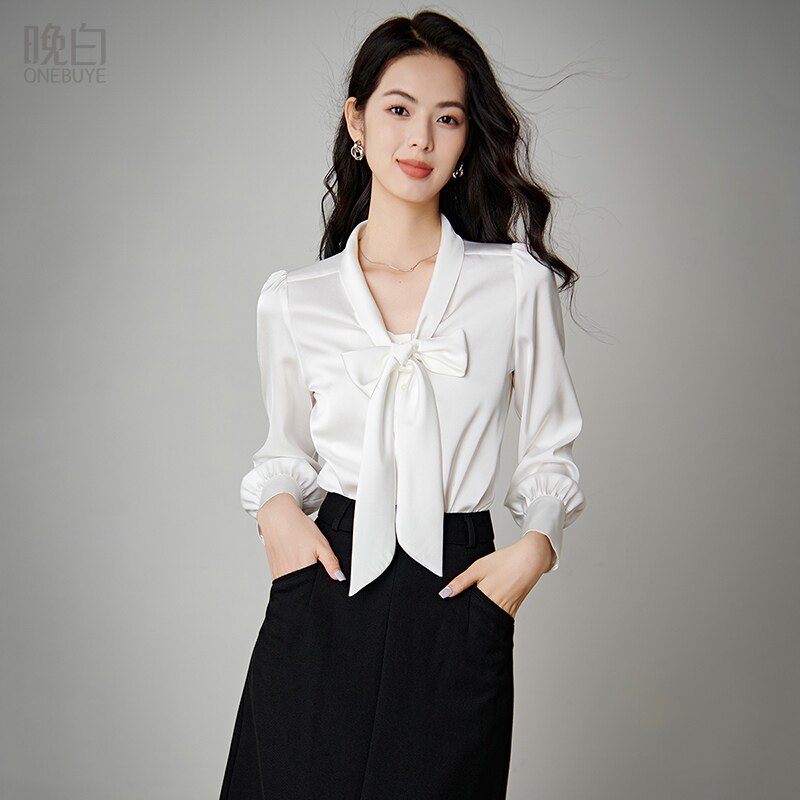 晚白2026春装新款时髦气质上衣蝴蝶结干练通勤百搭白色衬衫女衬衣