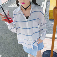 iFashion韩版横蓝色条纹衬衫女长袖 韩范学院风宽松衬衣休闲新款