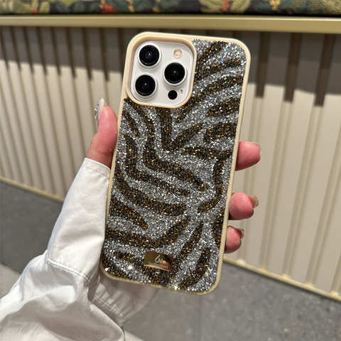 Girls Zebra Stripes Shiny Rhinestone Diamond Bling – Luxury 15, 14, 13, 12 iPhone Case