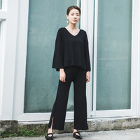 MOMO沫沫 秋冬新款极简喇叭袖长袖女阔腿裤套装宽松两件套休闲