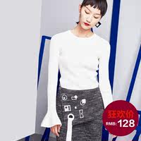 有瘾原创设计 2016秋冬新款圆领荷叶袖针织打底衫 长袖纯色毛衣女
