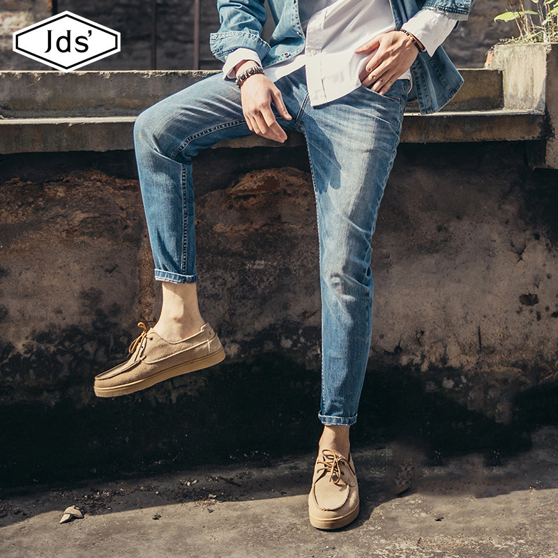 秋冬季牛仔裤男长裤宽松直筒小脚裤修身弹力水洗牛仔破洞九分裤潮