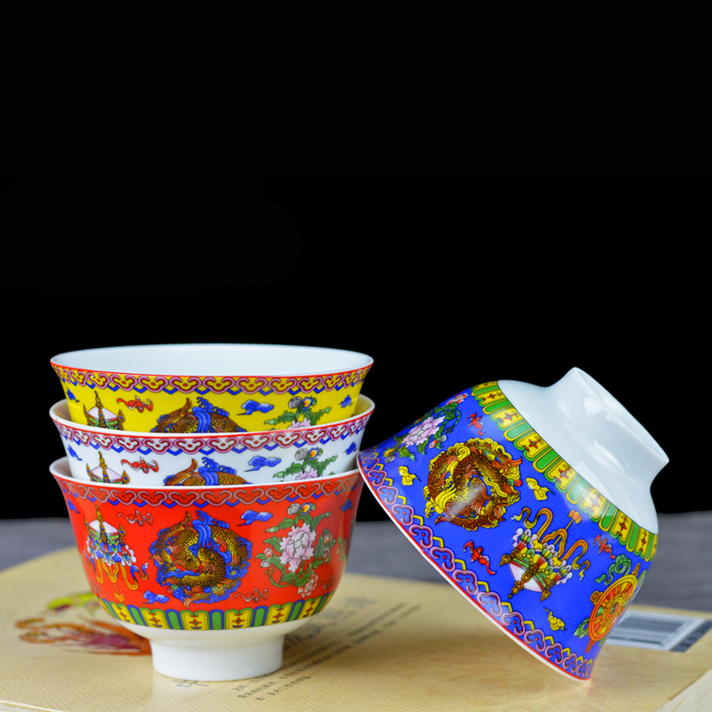 藏式4英寸陶瓷龙碗八吉祥饭碗民族供碗250ml大号酒碗特色顶舞茶碗-Taobao