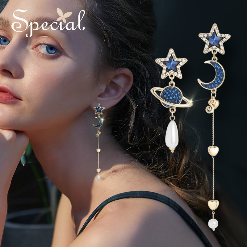 Special长款流苏耳环925银针女耳夹无耳洞不对称耳饰星月相惜新款