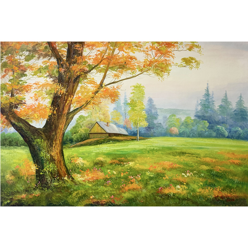 ☆ 朝鮮ー級画家風景油画湖泊78X58cm-