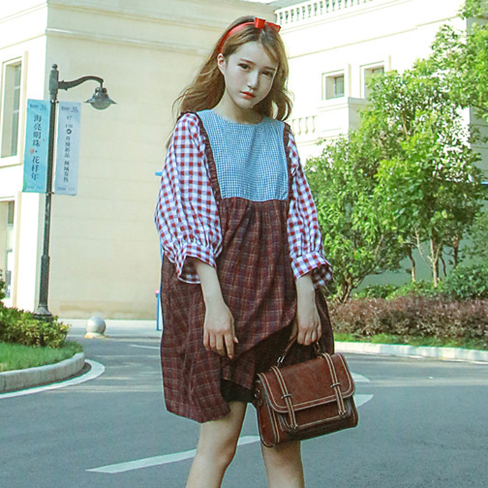 格子连衣裙秋冬款长袖原宿娃娃裙软妹秋装可爱