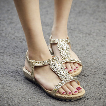 2015夏季波西米亚新款水钻平底凉鞋女平跟露趾凉鞋坡跟女鞋性感潮