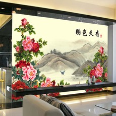 中式无缝壁纸画墙布画客厅电视背景墙无纺布墙纸画山水风景画牡丹