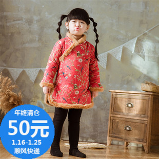 童装冬季韩版新款女童连衣裙加绒红色长袖旗袍