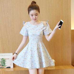 学生露肩短袖吊带裙2017春夏季新品韩版时尚