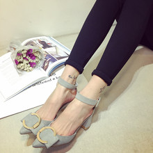2015春秋新款一字式扣带女式凉鞋子韩版尖头粗跟中跟单鞋OL优雅