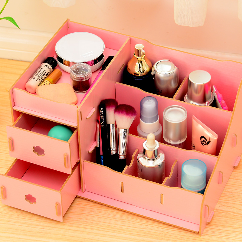 韩国DIY创意化妆品梳妆台办公桌面收纳盒木质