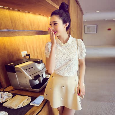 AURA2015夏季新款韩版小香风手工钉珠精致蕾丝衫泡泡袖短袖上衣女
