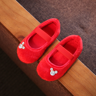 儿童皮鞋女宝宝软底鞋1-3岁冬款女童浅口兔毛