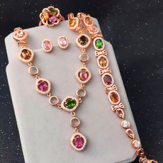 Украшения на руку 通透艳丽天然糖果碧玺手链戒指耳钉项链四件套装925纯银镀黄金