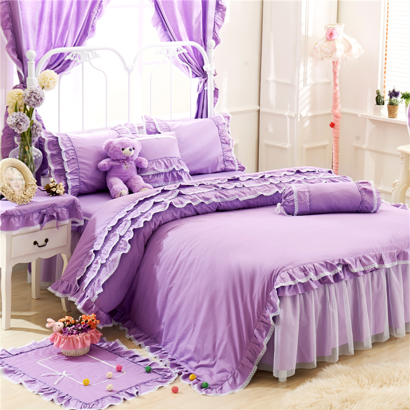 韩版公主风纯色全棉床裙床罩四件套蕾丝花边床