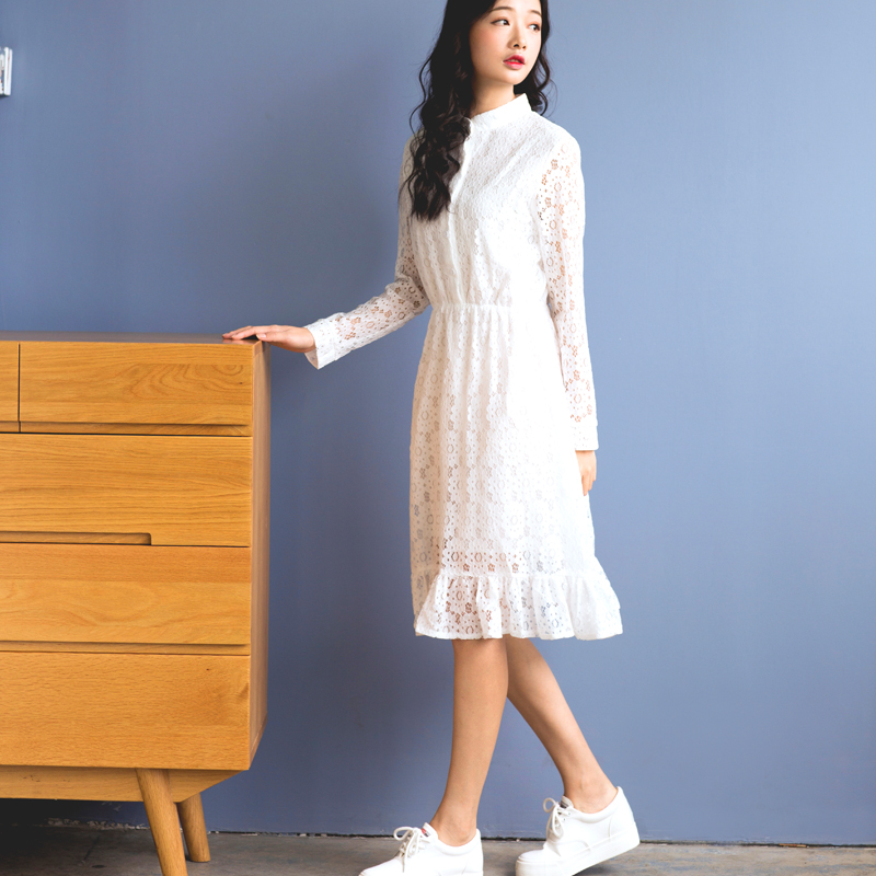 2016秋装新款小清新学院松紧腰长袖裙蕾丝文