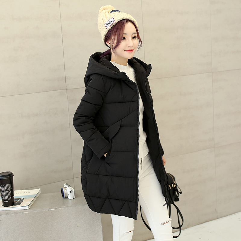 2016冬装新款韩版修身中长款棉衣女加厚连帽