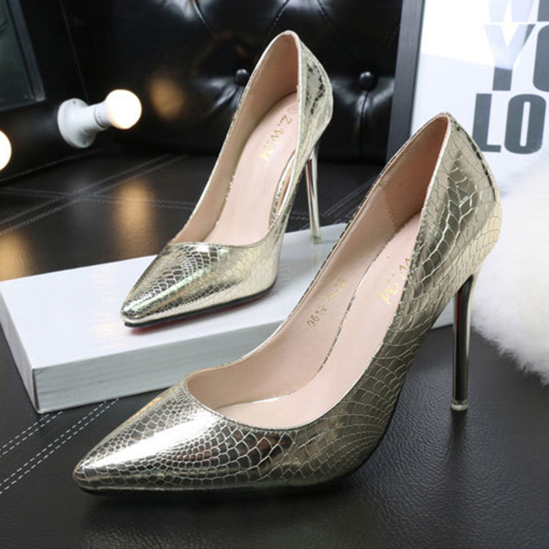 2016新款欧美性感明星同款真皮蛇纹高跟鞋女